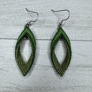 Olive Green Folded Leaf Petal Seed Bead Earrings Handmade Elegant Jewelry